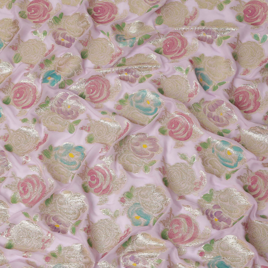 Blush Pink Multicolor Floral Metallic Lurex Design Premium Silk Chiffon Fabric, 110 Cms Width, Made in South Korea-D25747