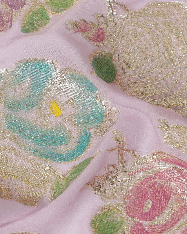 Blush Pink Multicolor Floral Metallic Lurex Design Premium Silk Chiffon Fabric, 110 Cms Width, Made in South Korea-D25747