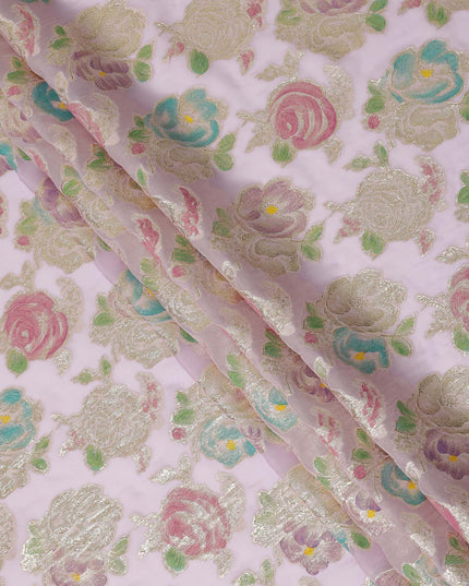 Blush Pink Multicolor Floral Metallic Lurex Design Premium Silk Chiffon Fabric, 110 Cms Width, Made in South Korea-D25747