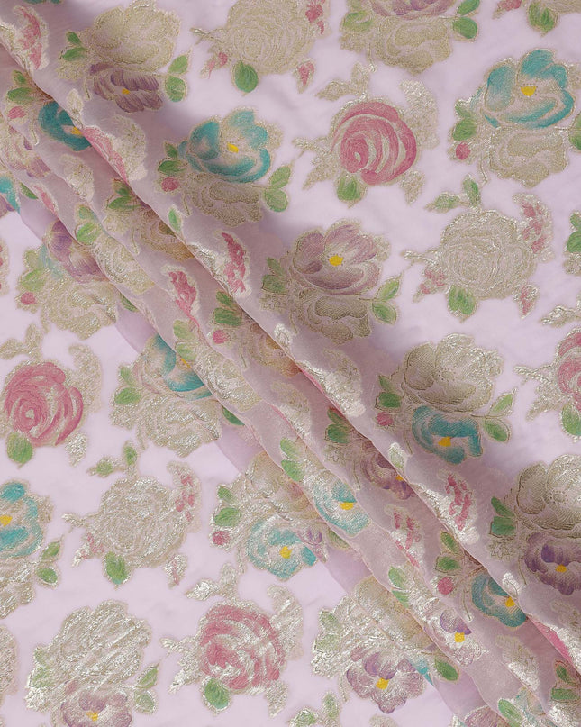 Blush Pink Multicolor Floral Metallic Lurex Design Premium Silk Chiffon Fabric, 110 Cms Width, Made in South Korea-D25747