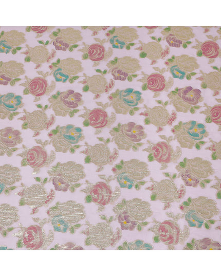 Blush Pink Multicolor Floral Metallic Lurex Design Premium Silk Chiffon Fabric, 110 Cms Width, Made in South Korea-D25747
