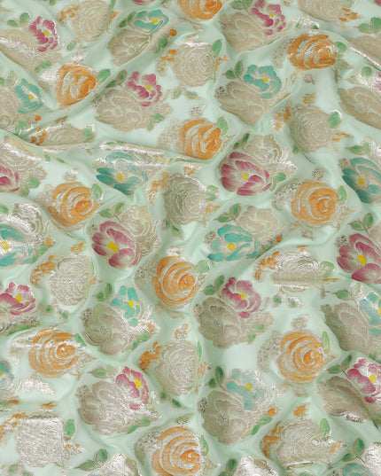 Mint Green Multicolor Floral Metallic Lurex Design Premium Silk Chiffon Fabric, 110 Cms Width, Made in South Korea-D25746
