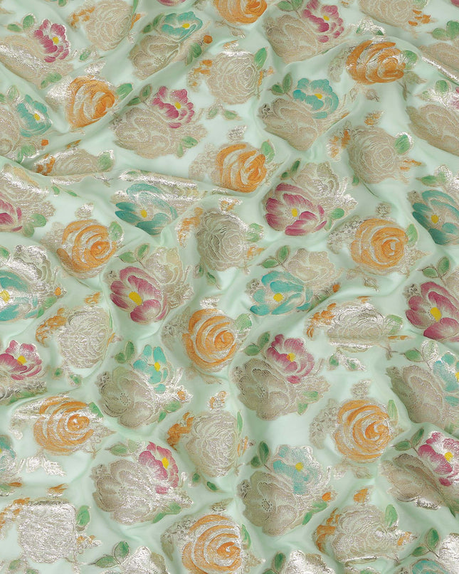 Mint Green Multicolor Floral Metallic Lurex Design Premium Silk Chiffon Fabric, 110 Cms Width, Made in South Korea-D25746