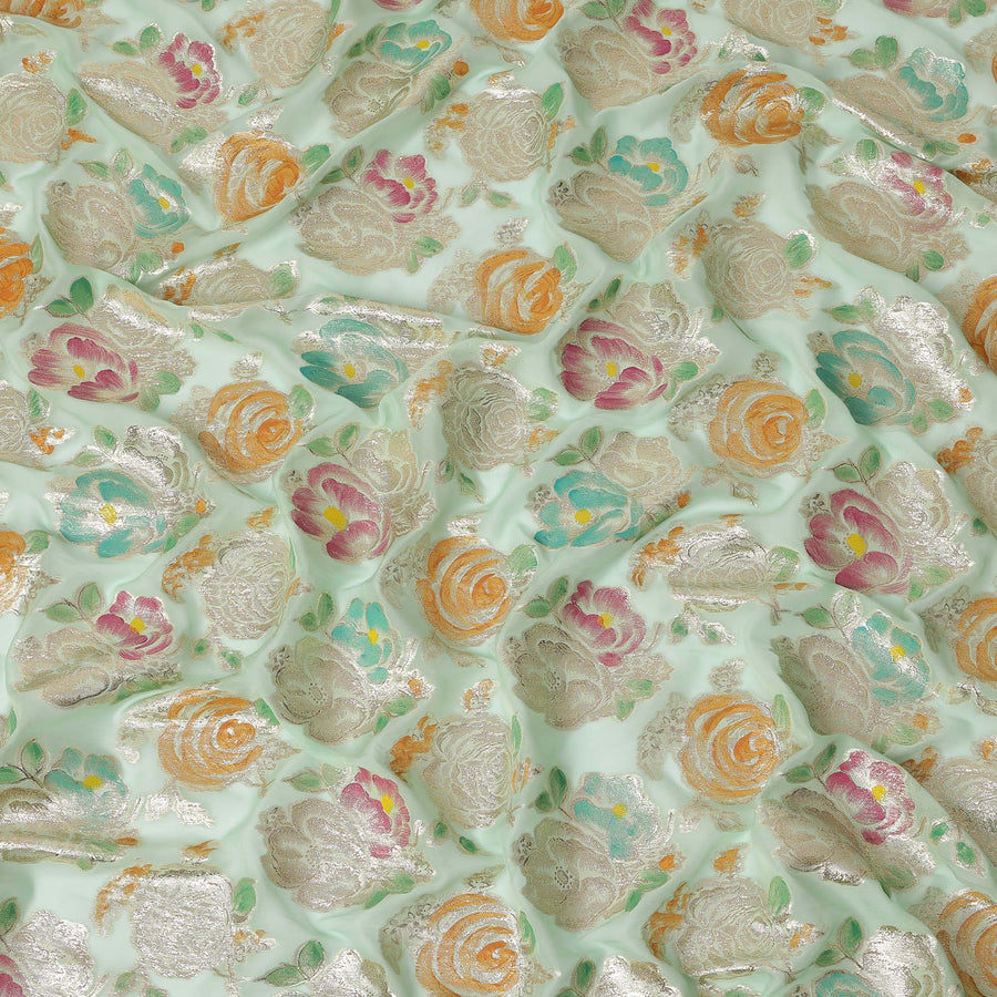 Mint Green Multicolor Floral Metallic Lurex Design Premium Silk Chiffon Fabric, 110 Cms Width, Made in South Korea-D25746