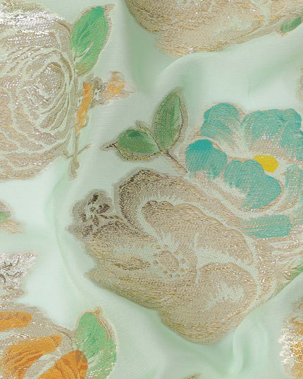 Mint Green Multicolor Floral Metallic Lurex Design Premium Silk Chiffon Fabric, 110 Cms Width, Made in South Korea-D25746