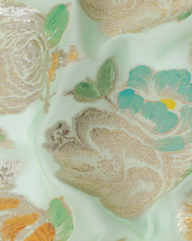 Mint Green Multicolor Floral Metallic Lurex Design Premium Silk Chiffon Fabric, 110 Cms Width, Made in South Korea-D25746