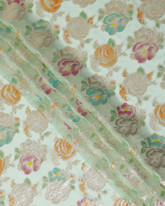 Mint Green Multicolor Floral Metallic Lurex Design Premium Silk Chiffon Fabric, 110 Cms Width, Made in South Korea-D25746