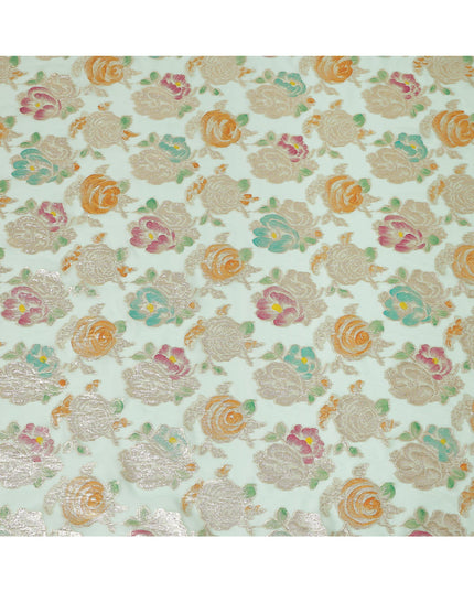 Mint Green Multicolor Floral Metallic Lurex Design Premium Silk Chiffon Fabric, 110 Cms Width, Made in South Korea-D25746