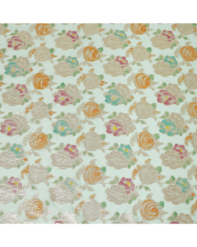 Mint Green Multicolor Floral Metallic Lurex Design Premium Silk Chiffon Fabric, 110 Cms Width, Made in South Korea-D25746