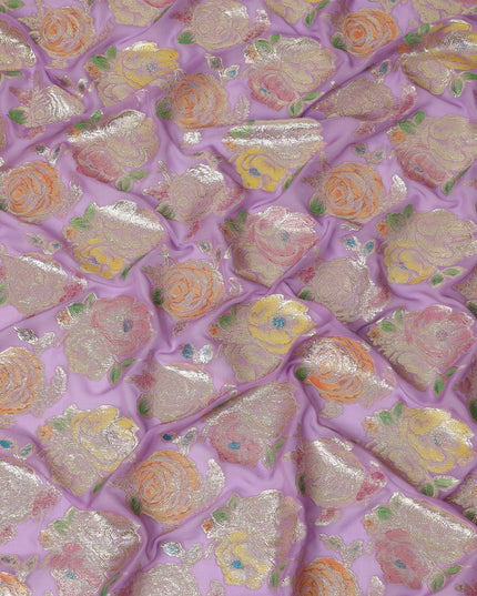 Lilac Multicolor Floral Metallic Lurex Design Premium Silk Chiffon Fabric, 110 Cms Width, Made in South Korea-D25752
