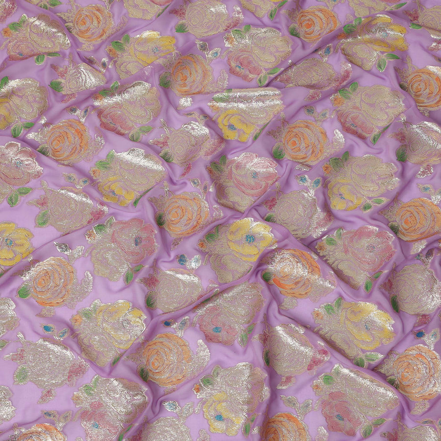 Lilac Multicolor Floral Metallic Lurex Design Premium Silk Chiffon Fabric, 110 Cms Width, Made in South Korea-D25752