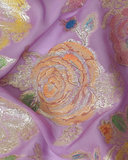 Lilac Multicolor Floral Metallic Lurex Design Premium Silk Chiffon Fabric, 110 Cms Width, Made in South Korea-D25752