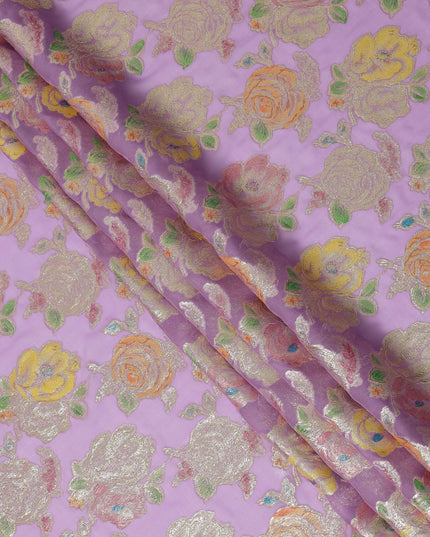 Lilac Multicolor Floral Metallic Lurex Design Premium Silk Chiffon Fabric, 110 Cms Width, Made in South Korea-D25752