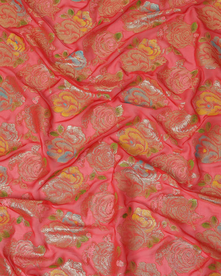 Coral Pink Bouquet Silk Chiffon Fabric 110cm
