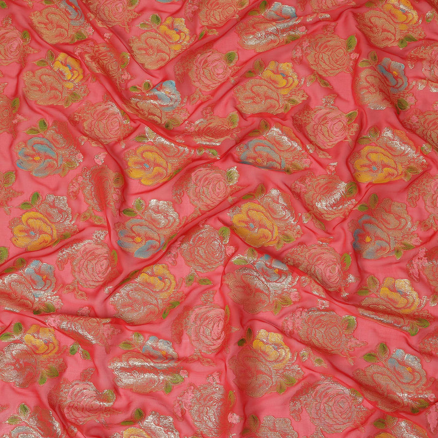 Coral Pink Bouquet Silk Chiffon Fabric 110cm