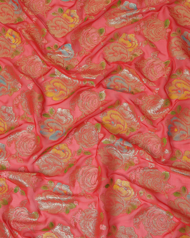 Coral Red Multicolor Floral Metallic Lurex Design Premium Silk Chiffon Fabric, 110 Cms Width, Made in South Korea-D25750