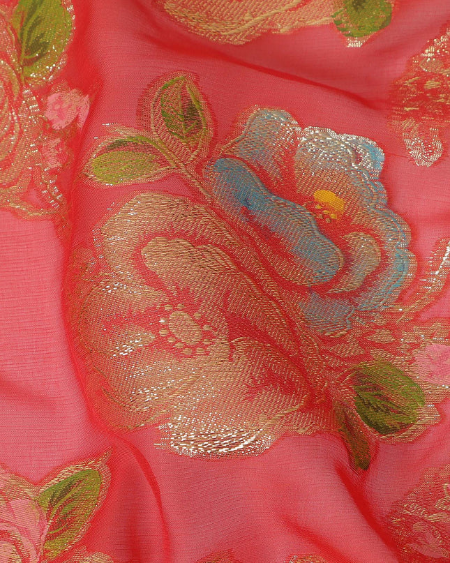 Coral Red Multicolor Floral Metallic Lurex Design Premium Silk Chiffon Fabric, 110 Cms Width, Made in South Korea-D25750