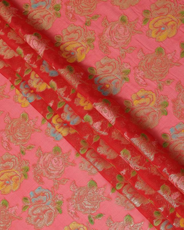 Coral Red Multicolor Floral Metallic Lurex Design Premium Silk Chiffon Fabric, 110 Cms Width, Made in South Korea-D25750