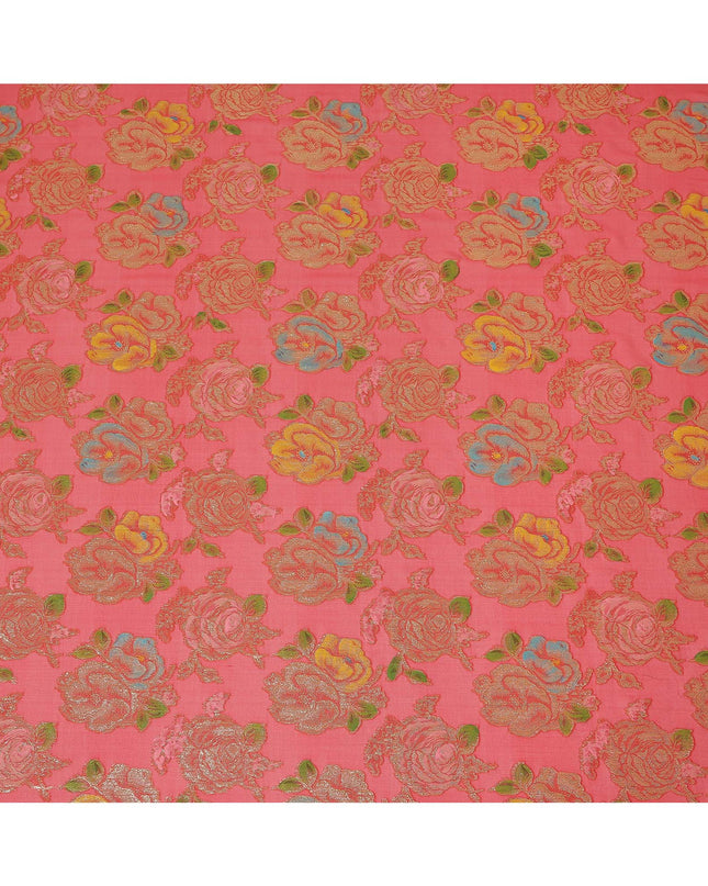 Coral Red Multicolor Floral Metallic Lurex Design Premium Silk Chiffon Fabric, 110 Cms Width, Made in South Korea-D25750