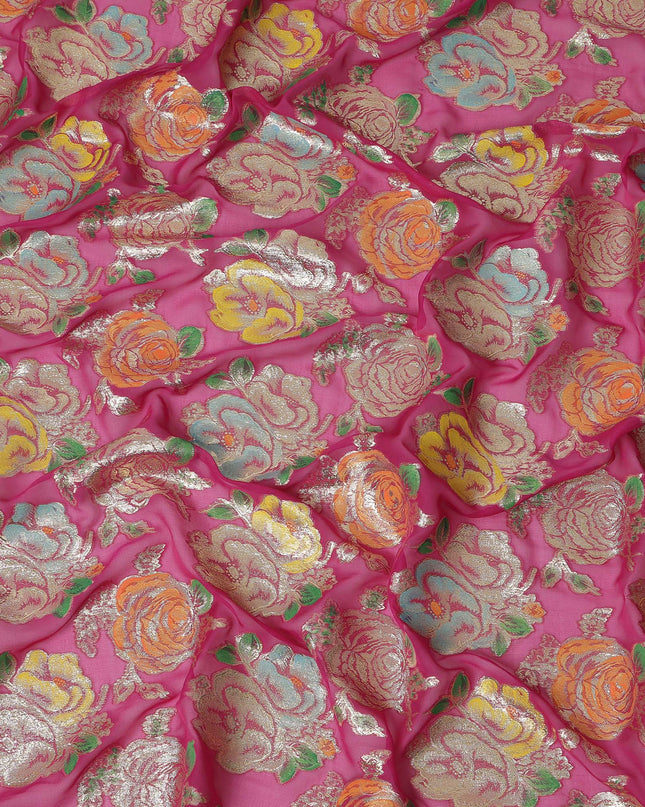 Hot Pink Floral Metallic Lurex Embroidered Design Premium Silk Chiffon Fabric, 110 Cms Width, Made in South Korea-D25759