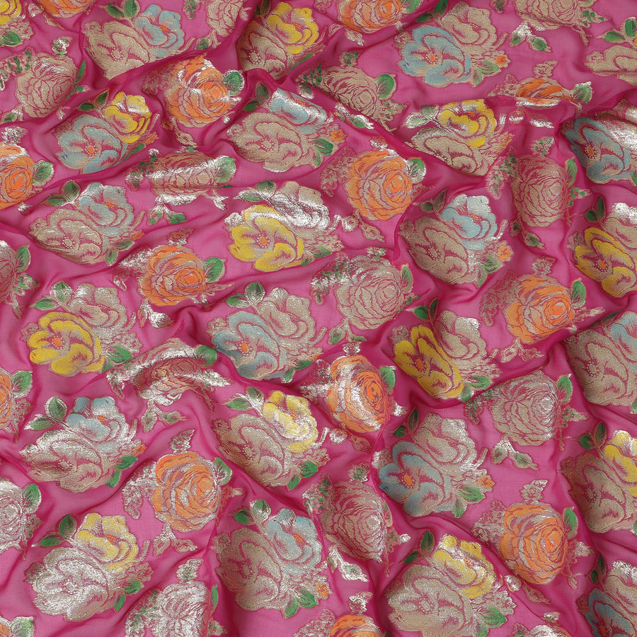 Hot Pink Floral Metallic Lurex Embroidered Design Premium Silk Chiffon Fabric, 110 Cms Width, Made in South Korea-D25759