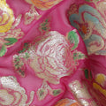 Hot Pink Floral Metallic Lurex Embroidered Design Premium Silk Chiffon Fabric, 110 Cms Width, Made in South Korea-D25759