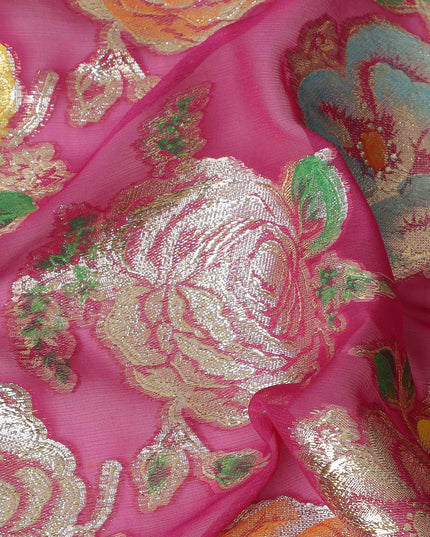 Hot Pink Floral Metallic Lurex Embroidered Design Premium Silk Chiffon Fabric, 110 Cms Width, Made in South Korea-D25759