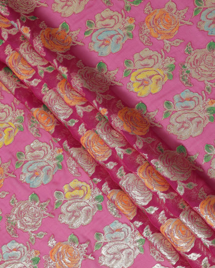 Hot Pink Floral Metallic Lurex Embroidered Design Premium Silk Chiffon Fabric, 110 Cms Width, Made in South Korea-D25759