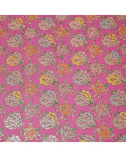 Hot Pink Floral Metallic Lurex Embroidered Design Premium Silk Chiffon Fabric, 110 Cms Width, Made in South Korea-D25759