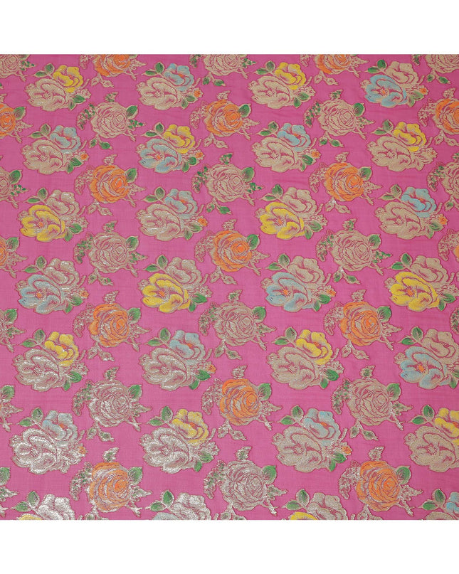 Hot Pink Floral Metallic Lurex Embroidered Design Premium Silk Chiffon Fabric, 110 Cms Width, Made in South Korea-D25759