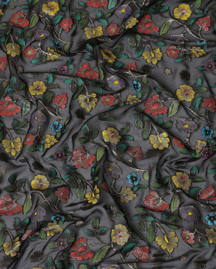 Black Multicolor Floral Embroidered Metallic Lurex Design Premium Silk Chiffon Fabric, 110 Cms Width, Made in South Korea-D25758