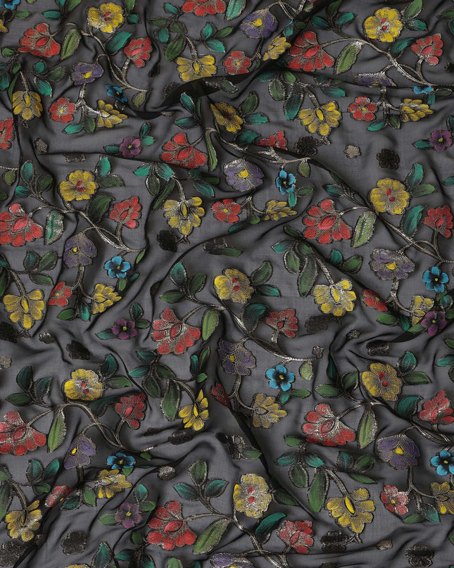 Black Multicolor Floral Embroidered Metallic Lurex Design Premium Silk Chiffon Fabric, 110 Cms Width, Made in South Korea-D25758