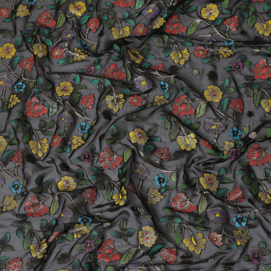 Black Multicolor Floral Embroidered Metallic Lurex Design Premium Silk Chiffon Fabric, 110 Cms Width, Made in South Korea-D25758