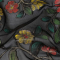 Black Multicolor Floral Embroidered Metallic Lurex Design Premium Silk Chiffon Fabric, 110 Cms Width, Made in South Korea-D25758