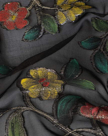Black Multicolor Floral Embroidered Metallic Lurex Design Premium Silk Chiffon Fabric, 110 Cms Width, Made in South Korea-D25758