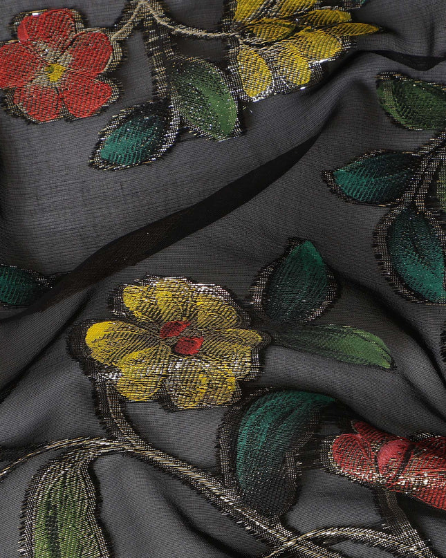 Black Multicolor Floral Embroidered Metallic Lurex Design Premium Silk Chiffon Fabric, 110 Cms Width, Made in South Korea-D25758