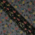 Black Multicolor Floral Embroidered Metallic Lurex Design Premium Silk Chiffon Fabric, 110 Cms Width, Made in South Korea-D25758