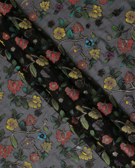Black Multicolor Floral Embroidered Metallic Lurex Design Premium Silk Chiffon Fabric, 110 Cms Width, Made in South Korea-D25758