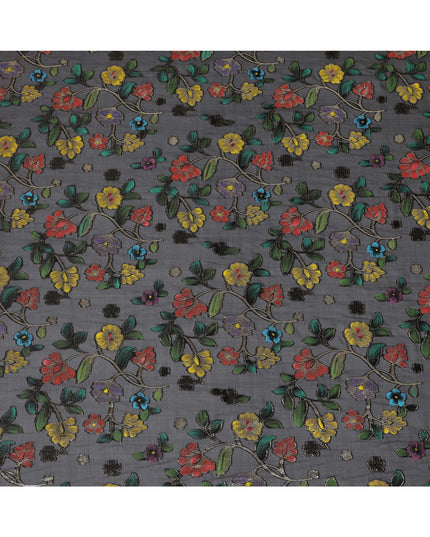Black Multicolor Floral Embroidered Metallic Lurex Design Premium Silk Chiffon Fabric, 110 Cms Width, Made in South Korea-D25758