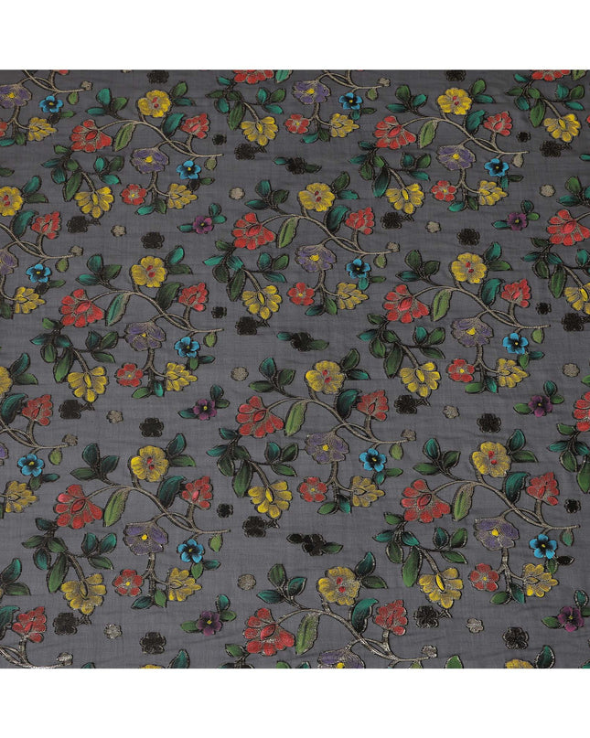 Black Multicolor Floral Embroidered Metallic Lurex Design Premium Silk Chiffon Fabric, 110 Cms Width, Made in South Korea-D25758