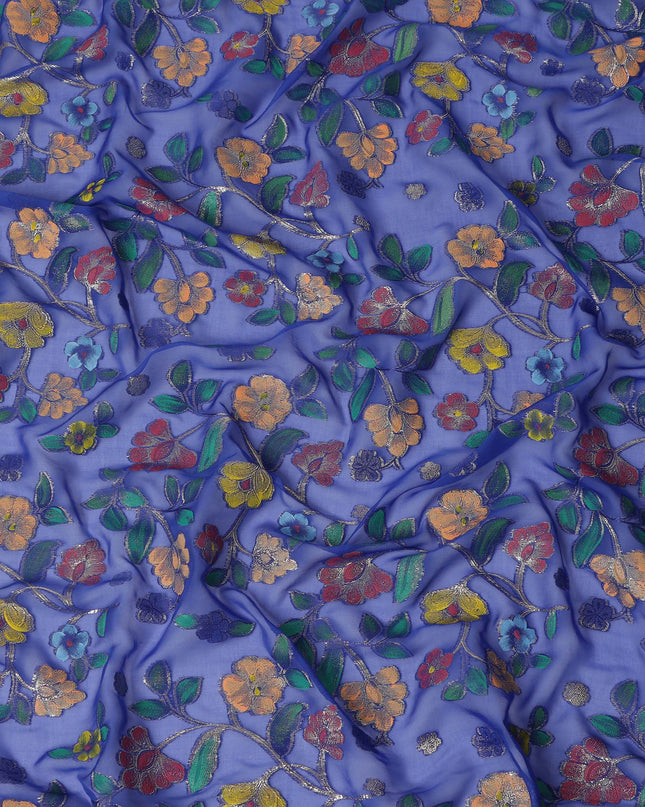 Royal Blue Multicolor Floral Embroidered Metallic Lurex Design Premium Silk Chiffon Fabric, 110 Cms Width, Made in South Korea-D25745