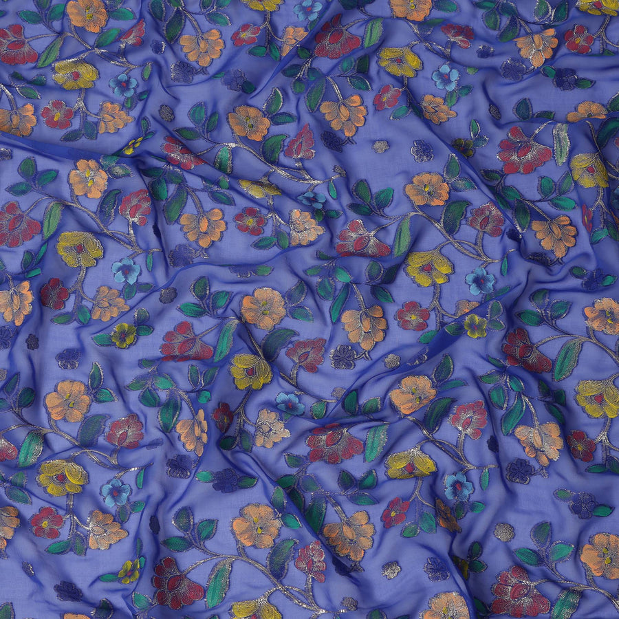 Royal Blue Multicolor Floral Embroidered Metallic Lurex Design Premium Silk Chiffon Fabric, 110 Cms Width, Made in South Korea-D25745
