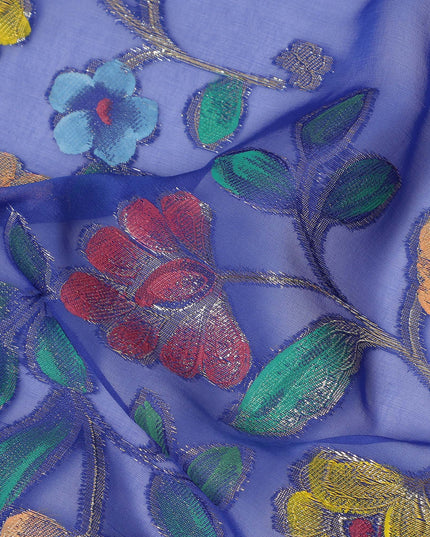 Royal Blue Multicolor Floral Embroidered Metallic Lurex Design Premium Silk Chiffon Fabric, 110 Cms Width, Made in South Korea-D25745