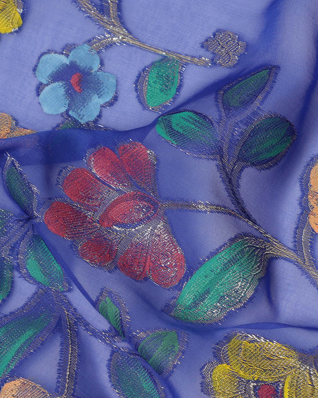 Royal Blue Multicolor Floral Embroidered Metallic Lurex Design Premium Silk Chiffon Fabric, 110 Cms Width, Made in South Korea-D25745