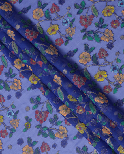 Royal Blue Multicolor Floral Embroidered Metallic Lurex Design Premium Silk Chiffon Fabric, 110 Cms Width, Made in South Korea-D25745