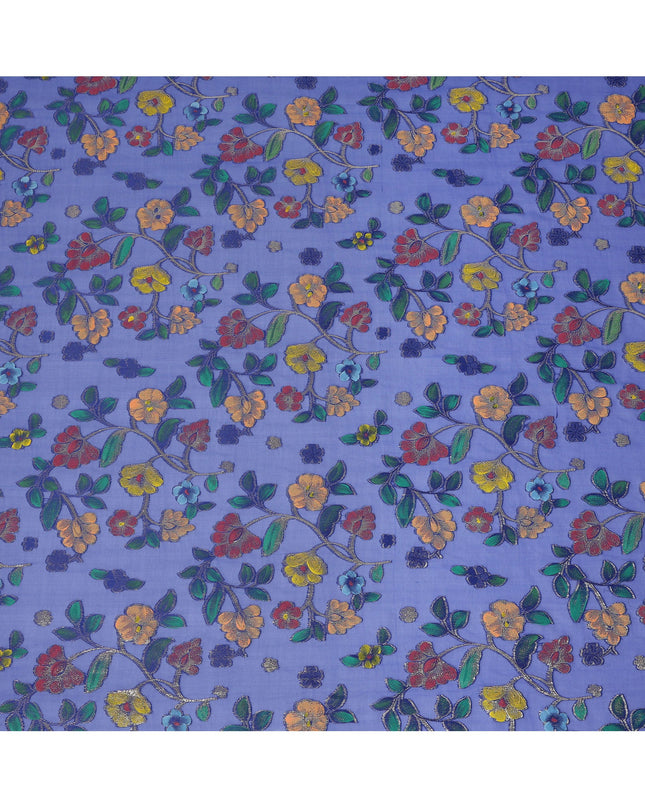 Royal Blue Multicolor Floral Embroidered Metallic Lurex Design Premium Silk Chiffon Fabric, 110 Cms Width, Made in South Korea-D25745