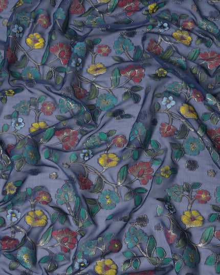 Steel Blue Multicolor Floral Embroidered Metallic Lurex Design Premium Silk Chiffon Fabric, 110 Cms Width, Made in South Korea-D25754