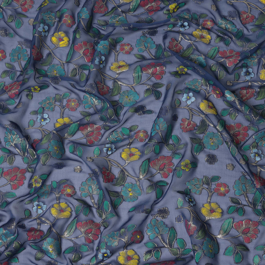 Steel Blue Multicolor Floral Embroidered Metallic Lurex Design Premium Silk Chiffon Fabric, 110 Cms Width, Made in South Korea-D25754