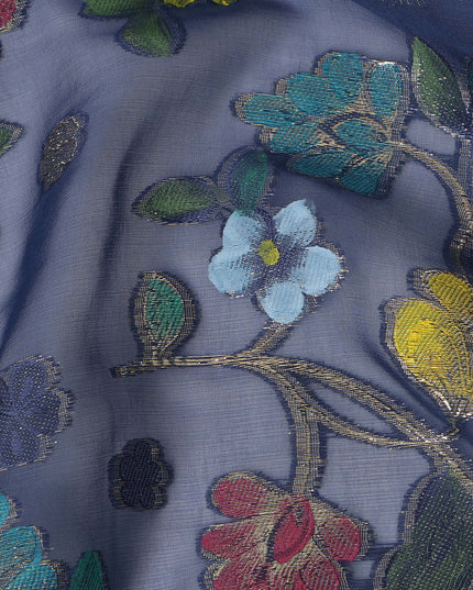 Steel Blue Multicolor Floral Embroidered Metallic Lurex Design Premium Silk Chiffon Fabric, 110 Cms Width, Made in South Korea-D25754
