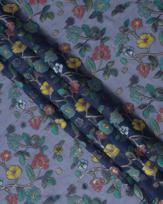 Slate Blue Floral Silk Chiffon Fabric 110cm